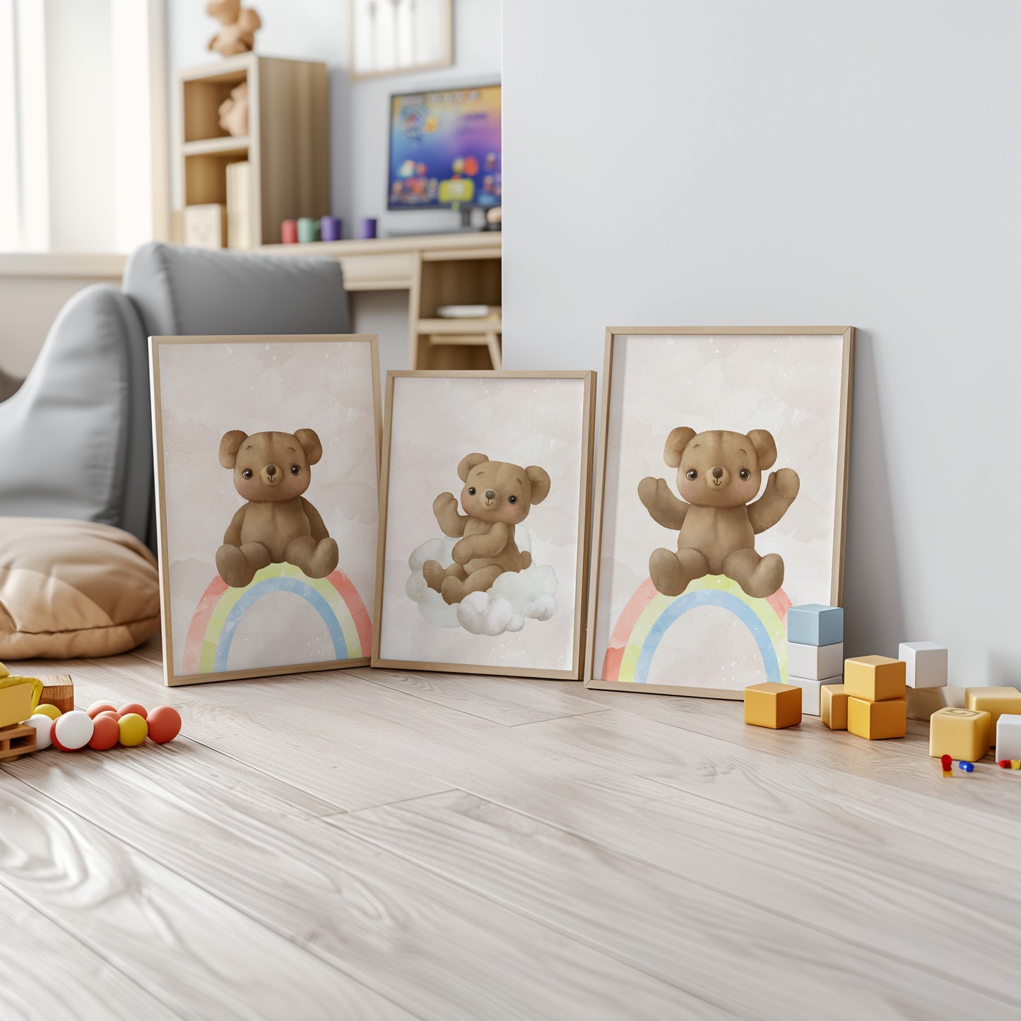 Teddy’s Rainbow Dreams: Nursery Wall Art Set, Set of 3, N115