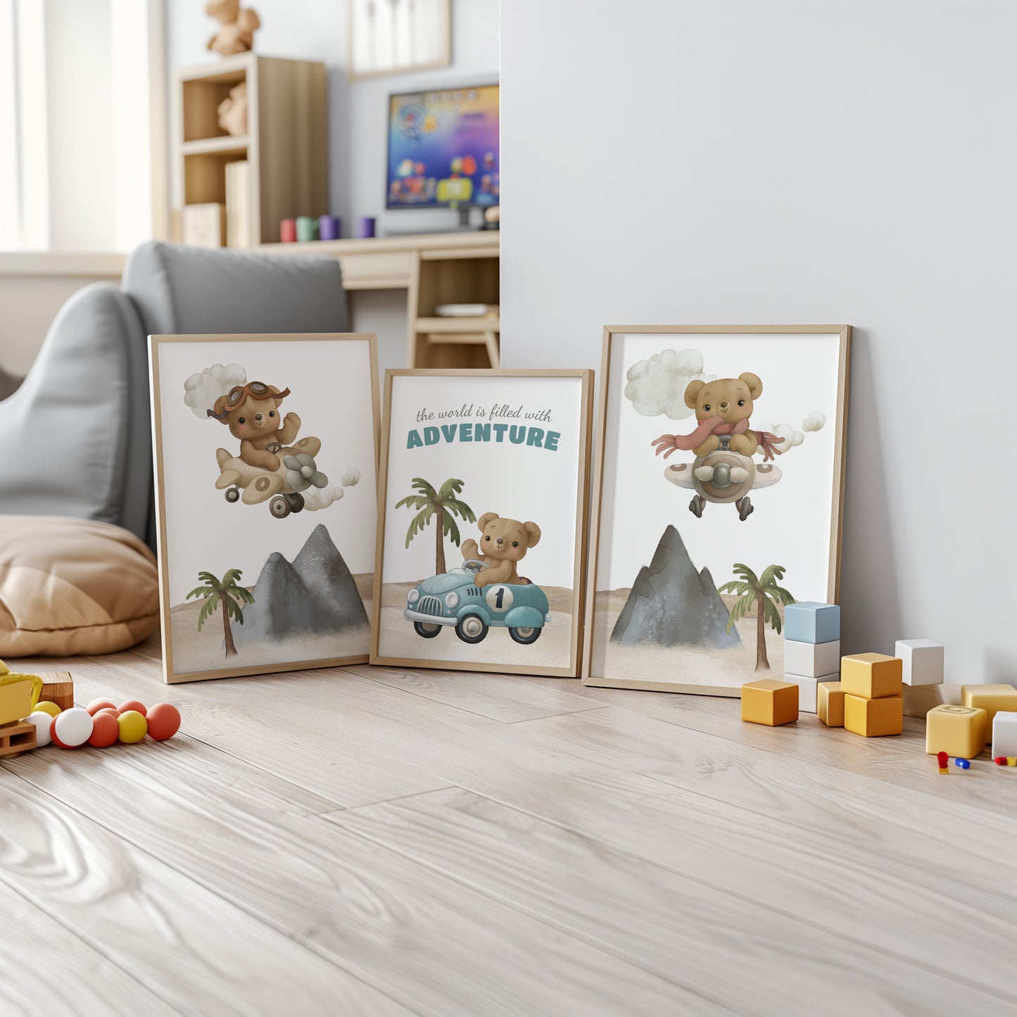 Teddy’s Big Adventure: Travel-Inspired Wall Art for Kids, Set of 3, N117