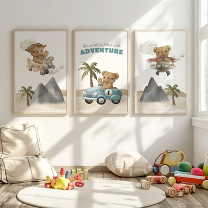 Teddy’s Big Adventure: Travel-Inspired Wall Art for Kids, Set of 3, N117