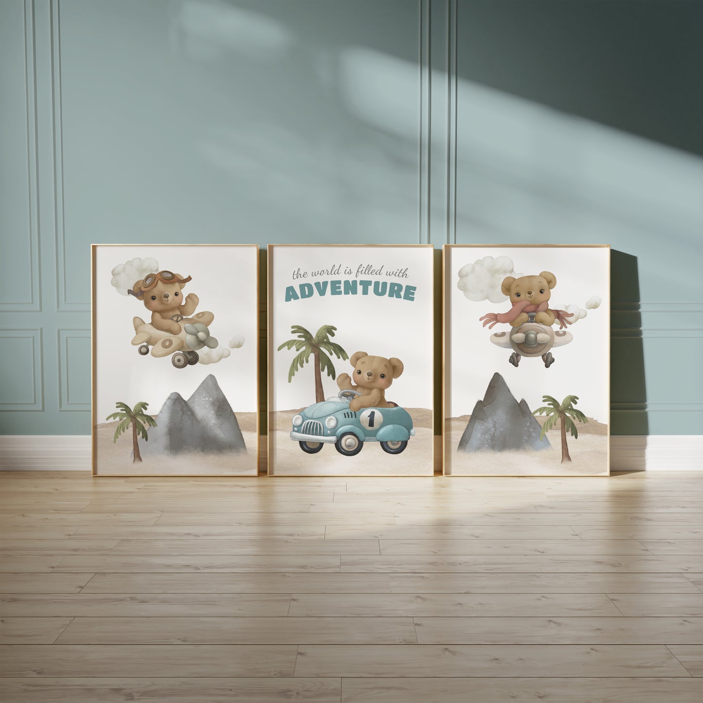 Teddy’s Big Adventure: Travel-Inspired Wall Art for Kids, Set of 3, N117