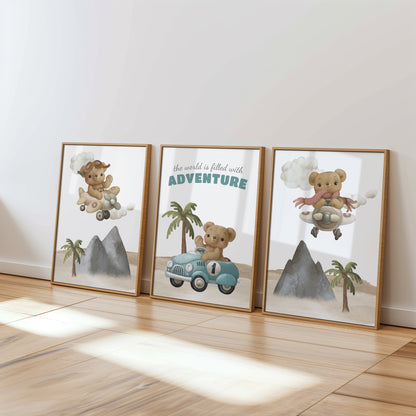 Teddy’s Big Adventure: Travel-Inspired Wall Art for Kids, Set of 3, N117