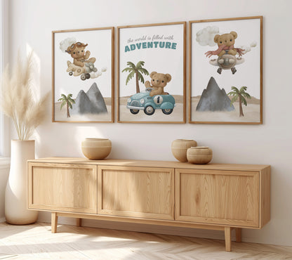 Teddy’s Big Adventure: Travel-Inspired Wall Art for Kids, Set of 3, N117