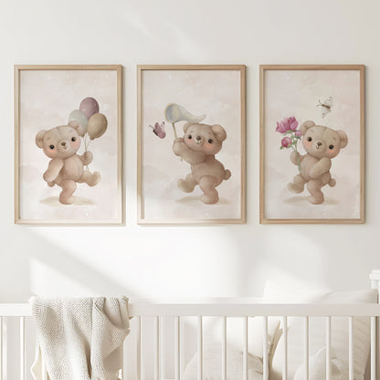 Whimsical Teddy Moments: Balloon, Flowers & Butterfly Chase, Set of 3, N118