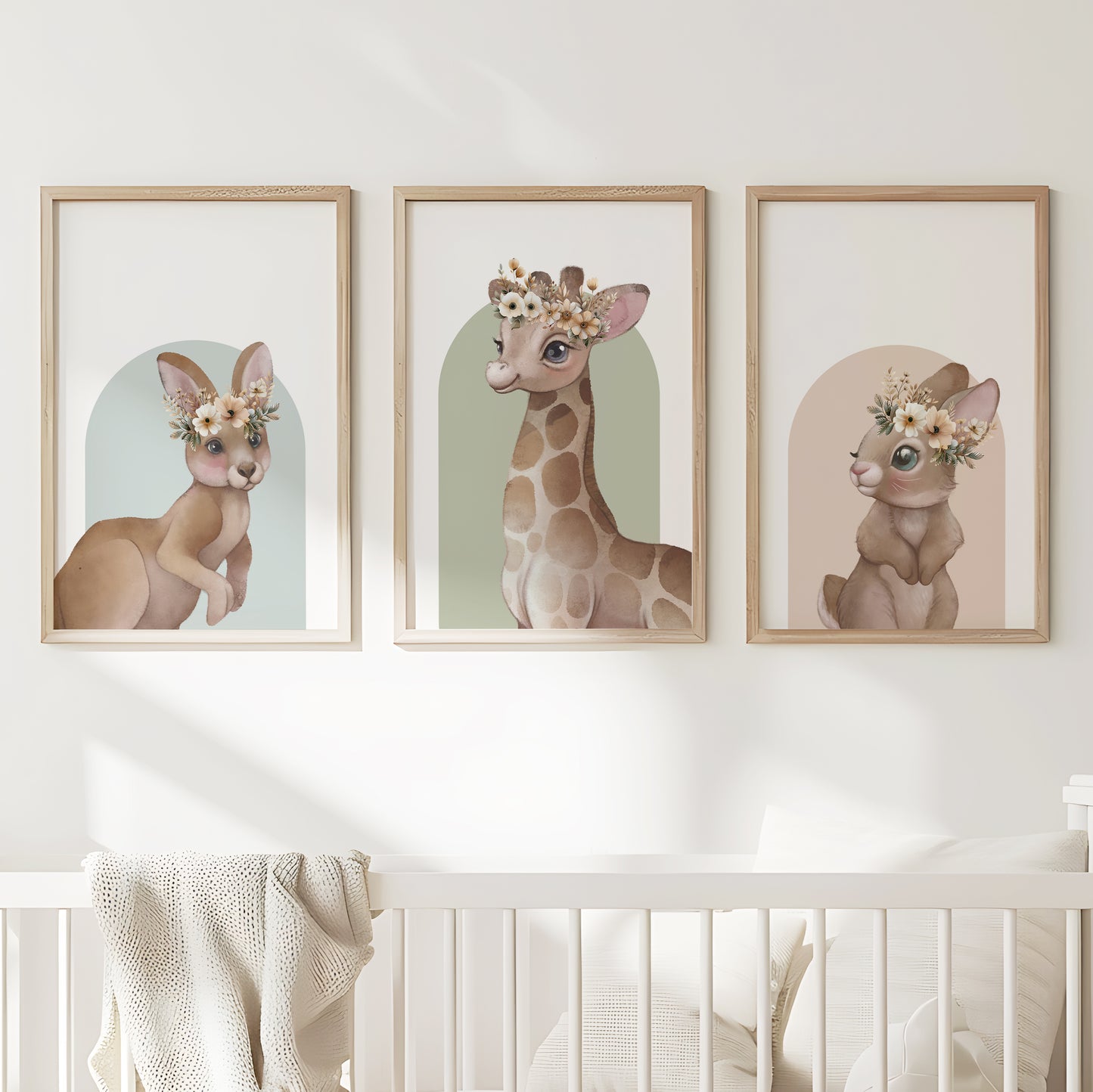 Boho Animal Charm: Giraffe & Bunny Nursery Art, Set of 3, N122