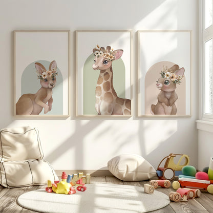 Boho Animal Charm: Giraffe & Bunny Nursery Art, Set of 3, N122