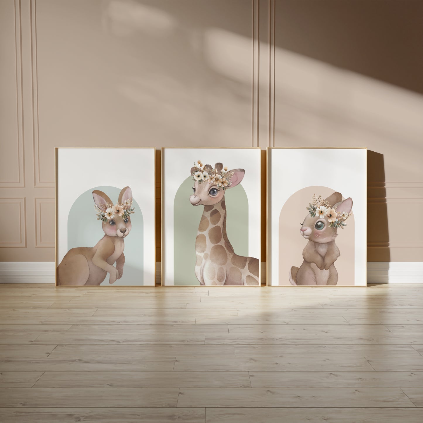 Boho Animal Charm: Giraffe & Bunny Nursery Art, Set of 3, N122