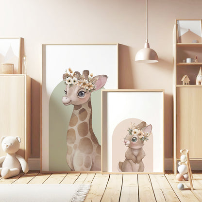 Boho Animal Charm: Giraffe & Bunny Nursery Art, Set of 3, N122