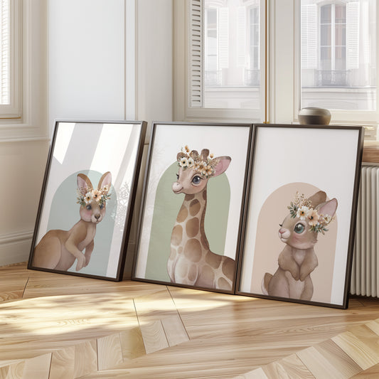 Boho Animal Charm: Giraffe & Bunny Nursery Art, Set of 3, N122