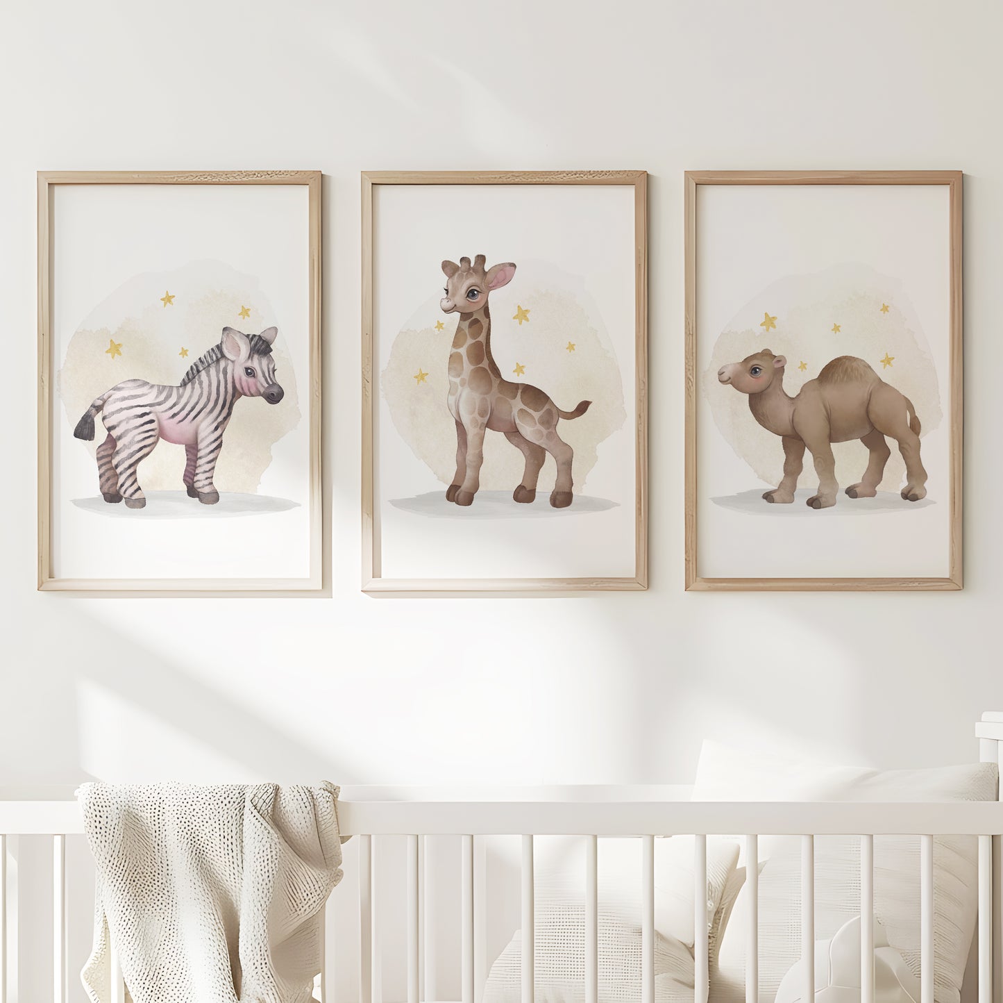 Safari Stars: Zebra, Giraffe, and Elephant Nursery Art, Set of 3, N123