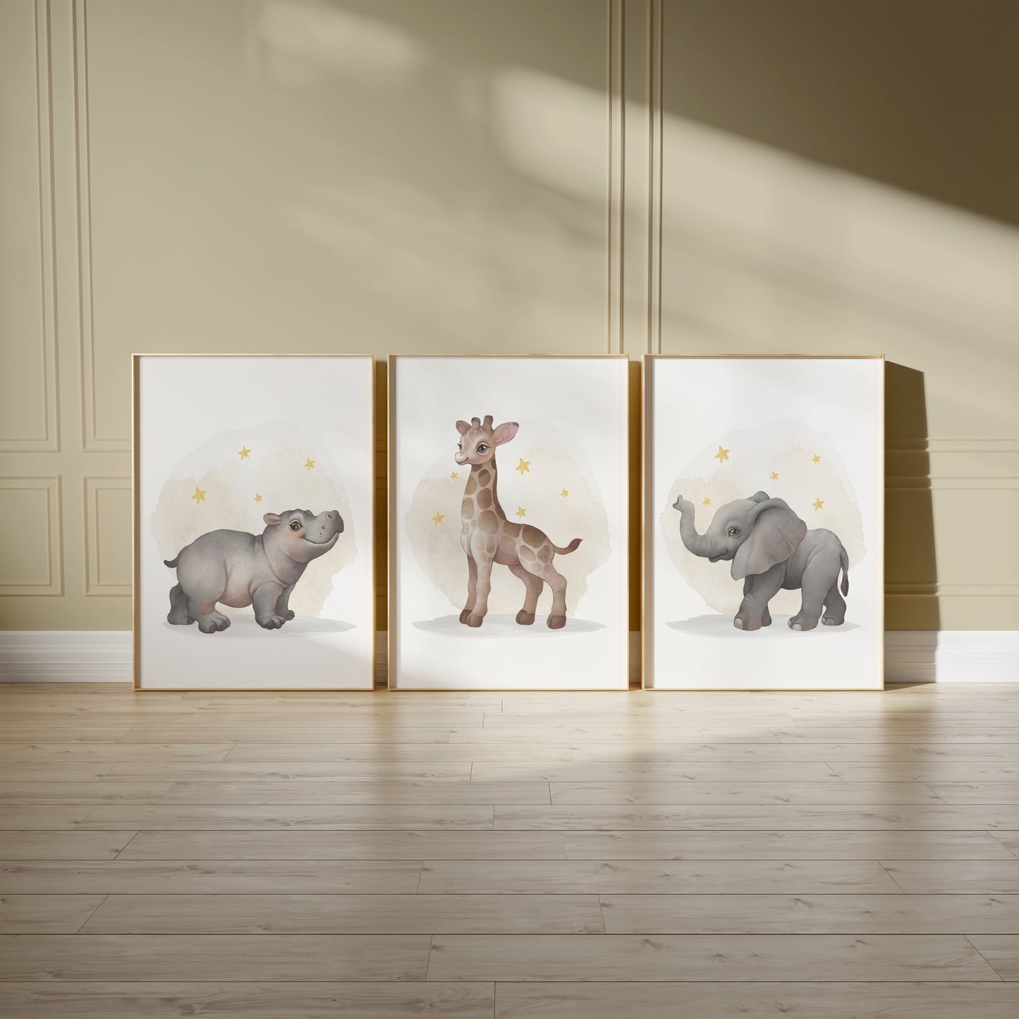 Safari Stars: Zebra, Giraffe, and Elephant Nursery Art, Set of 3, N123