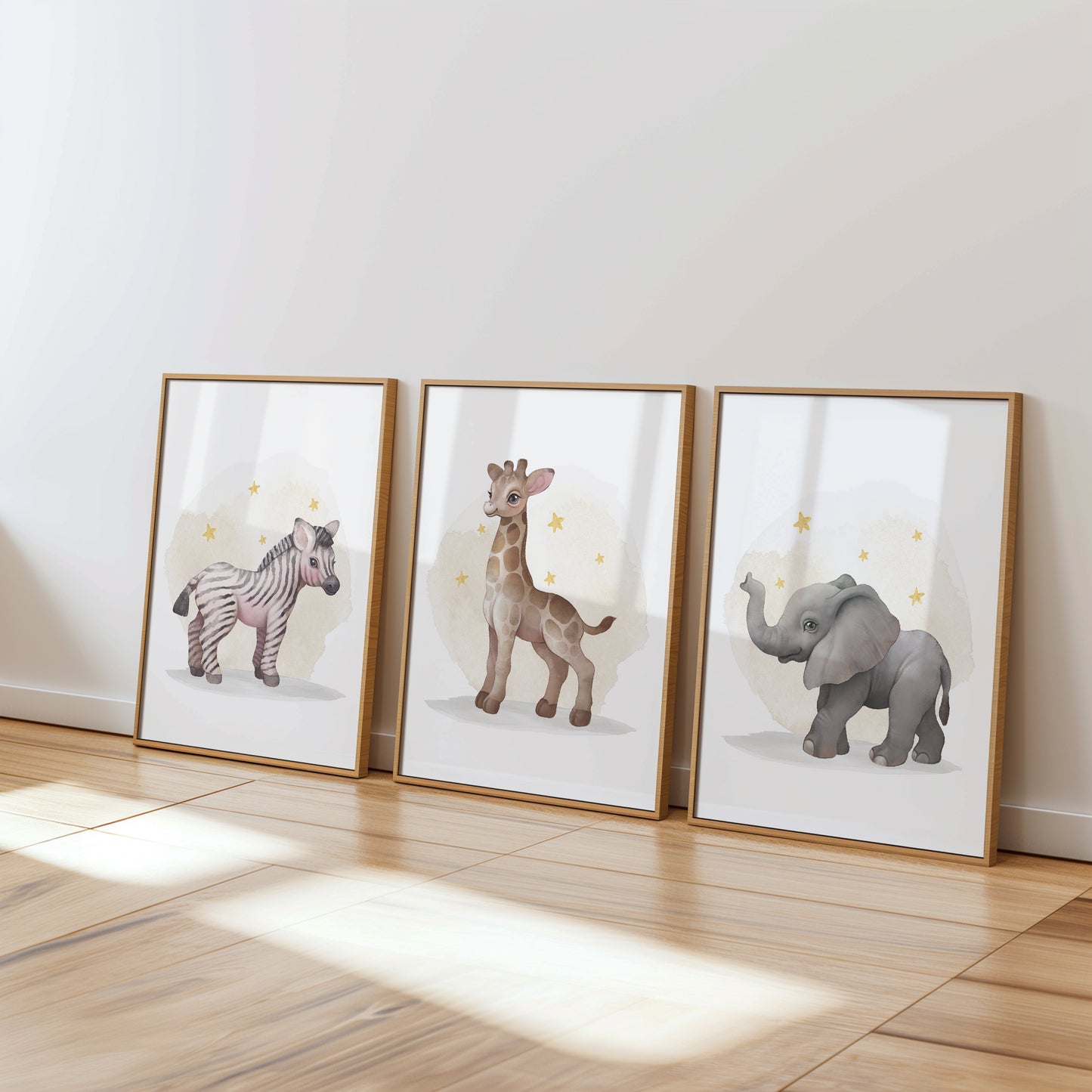 Safari Stars: Zebra, Giraffe, and Elephant Nursery Art, Set of 3, N123