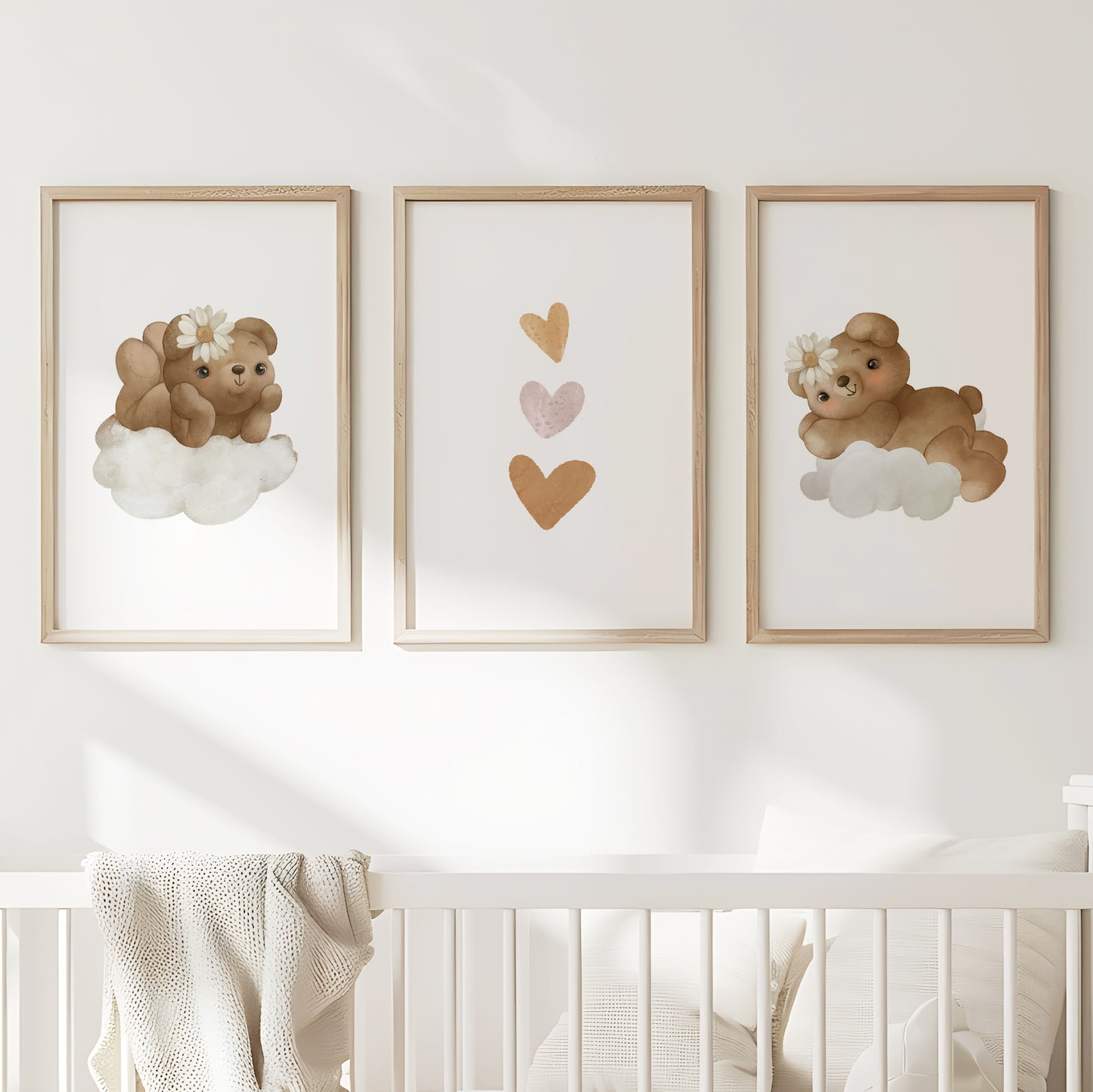 Whimsical Bears & Hearts – Soft Nursery Art Trio, Set of 3, N124