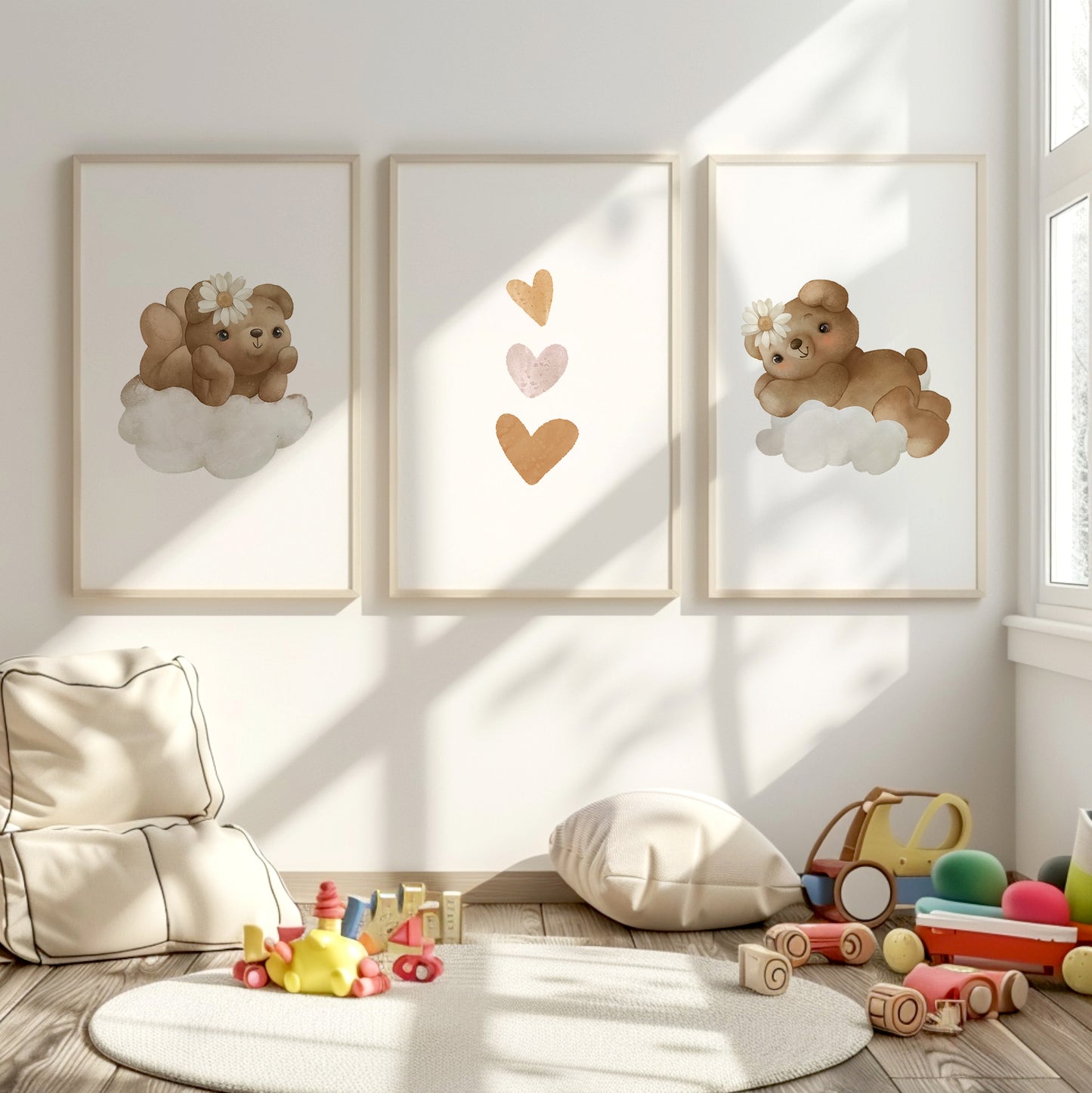 Whimsical Bears & Hearts – Soft Nursery Art Trio, Set of 3, N124