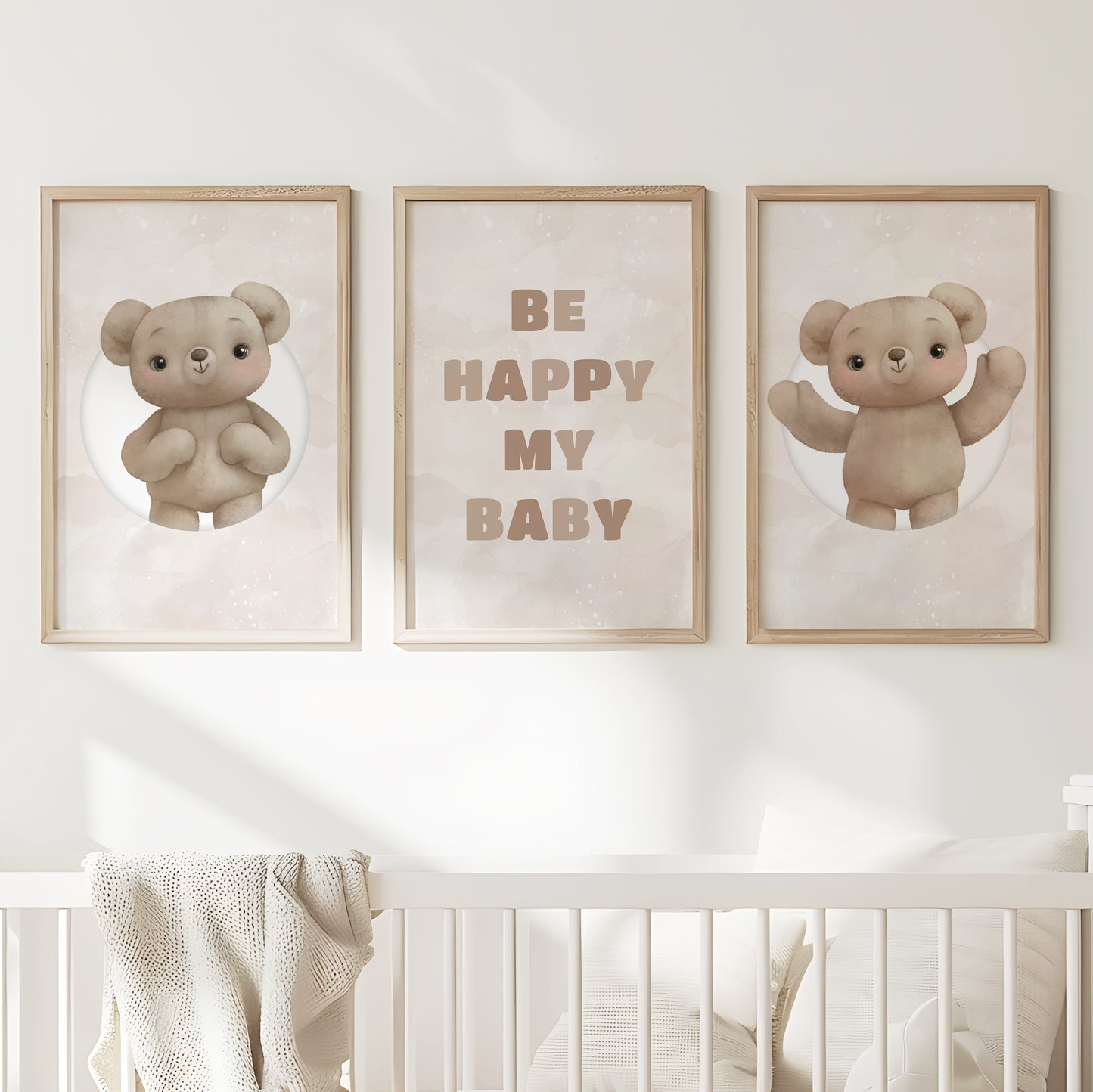 Joyful Teddies & Happy Message – Whimsical Baby Room Art, Set of 3, N125