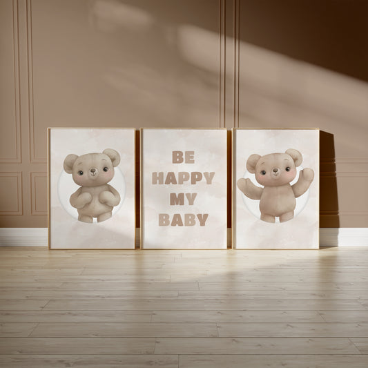 Joyful Teddies & Happy Message – Whimsical Baby Room Art, Set of 3, N125