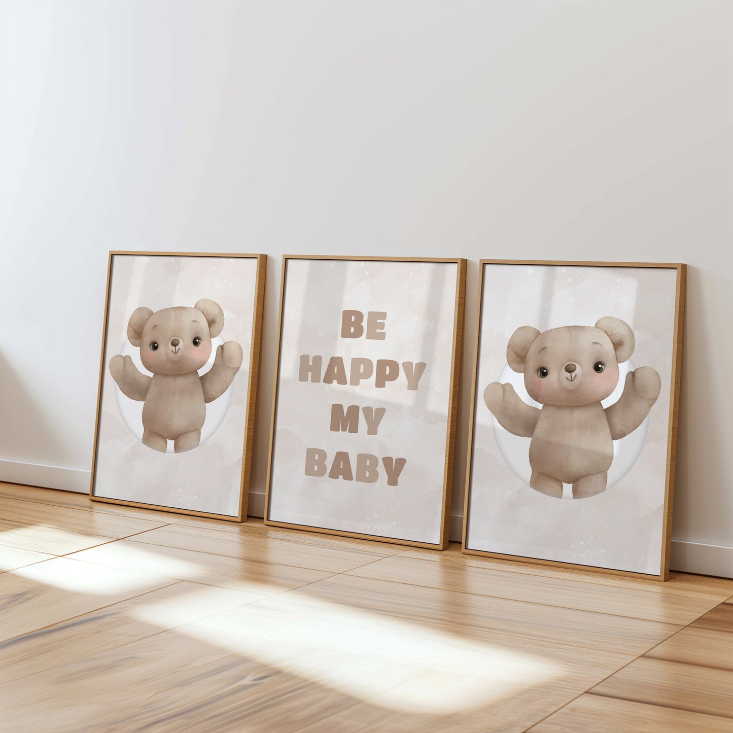 Joyful Teddies & Happy Message – Whimsical Baby Room Art, Set of 3, N125