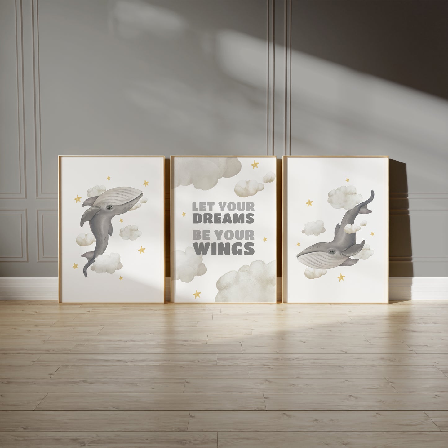 Dream Big Whales – Magical Cloud Nursery Art, Set of 3, N129