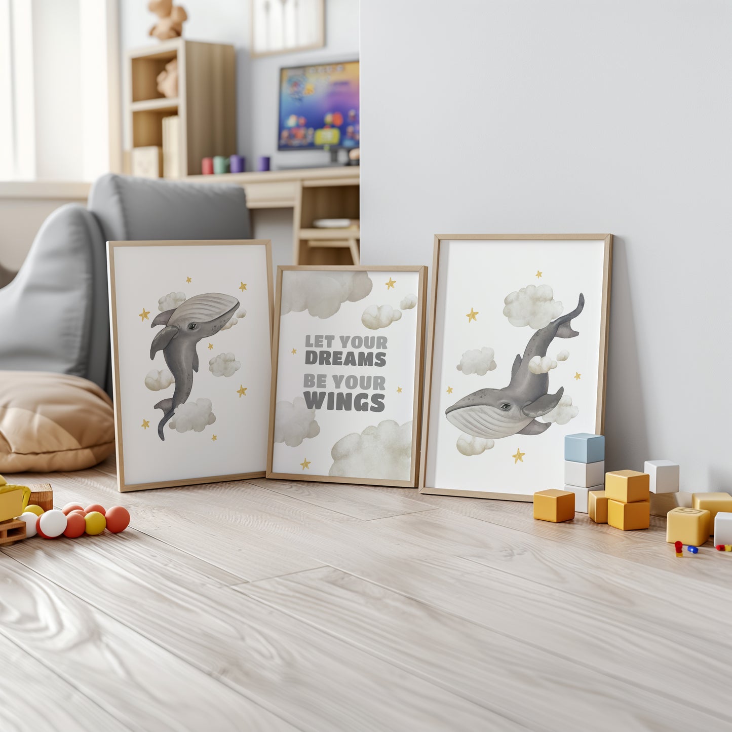 Dream Big Whales – Magical Cloud Nursery Art, Set of 3, N129