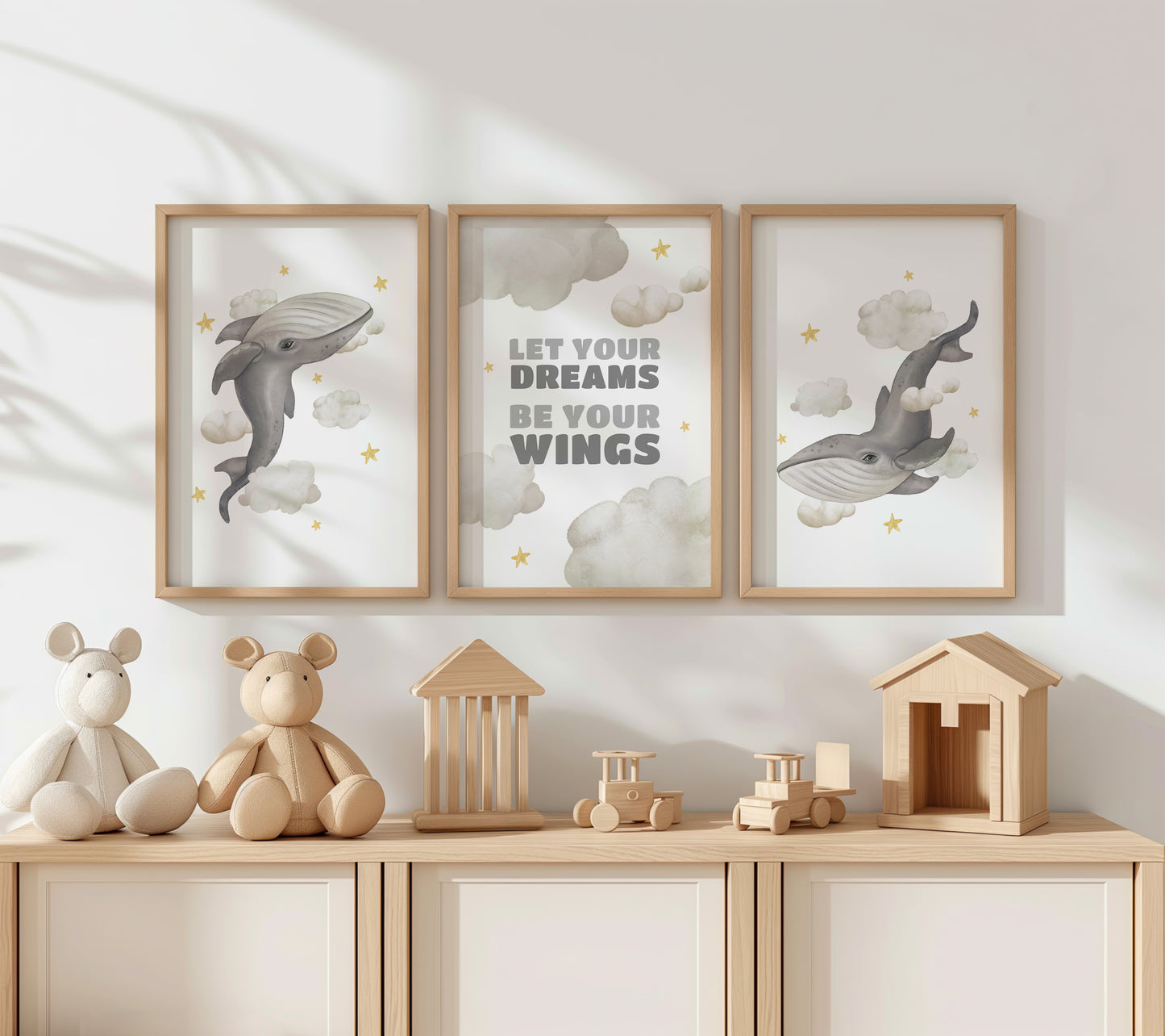 Dream Big Whales – Magical Cloud Nursery Art, Set of 3, N129