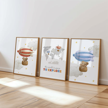 Adventure Awaits – Teddy Bear Airship Nursery Art, Set of 3, N130