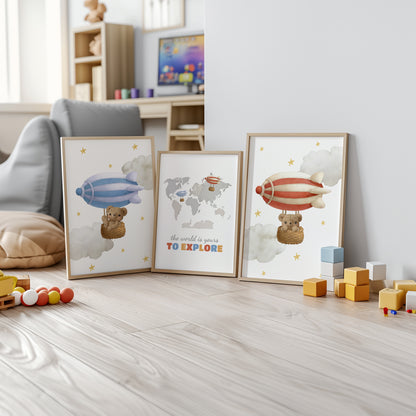 Adventure Awaits – Teddy Bear Airship Nursery Art, Set of 3, N130