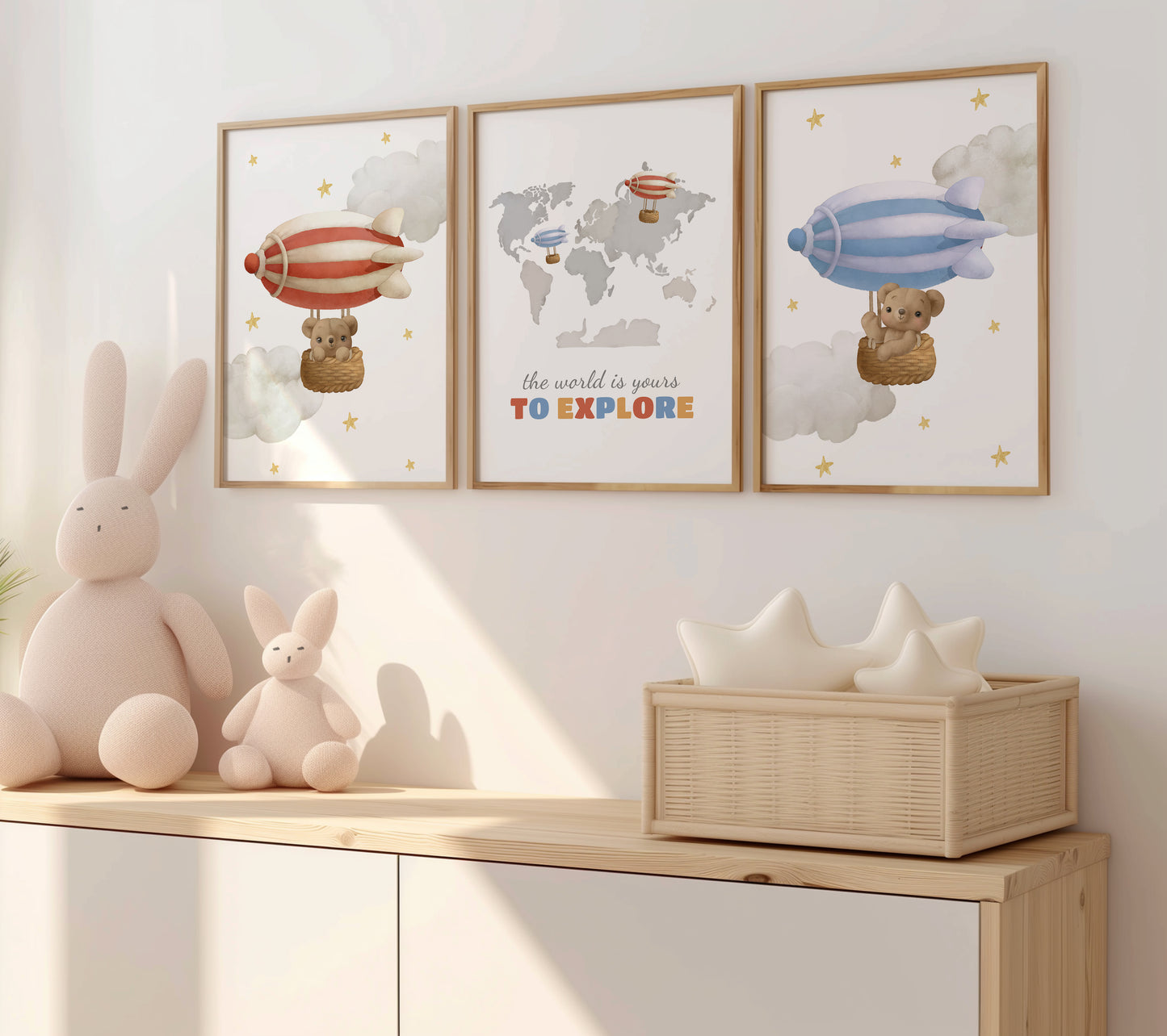 Adventure Awaits – Teddy Bear Airship Nursery Art, Set of 3, N130