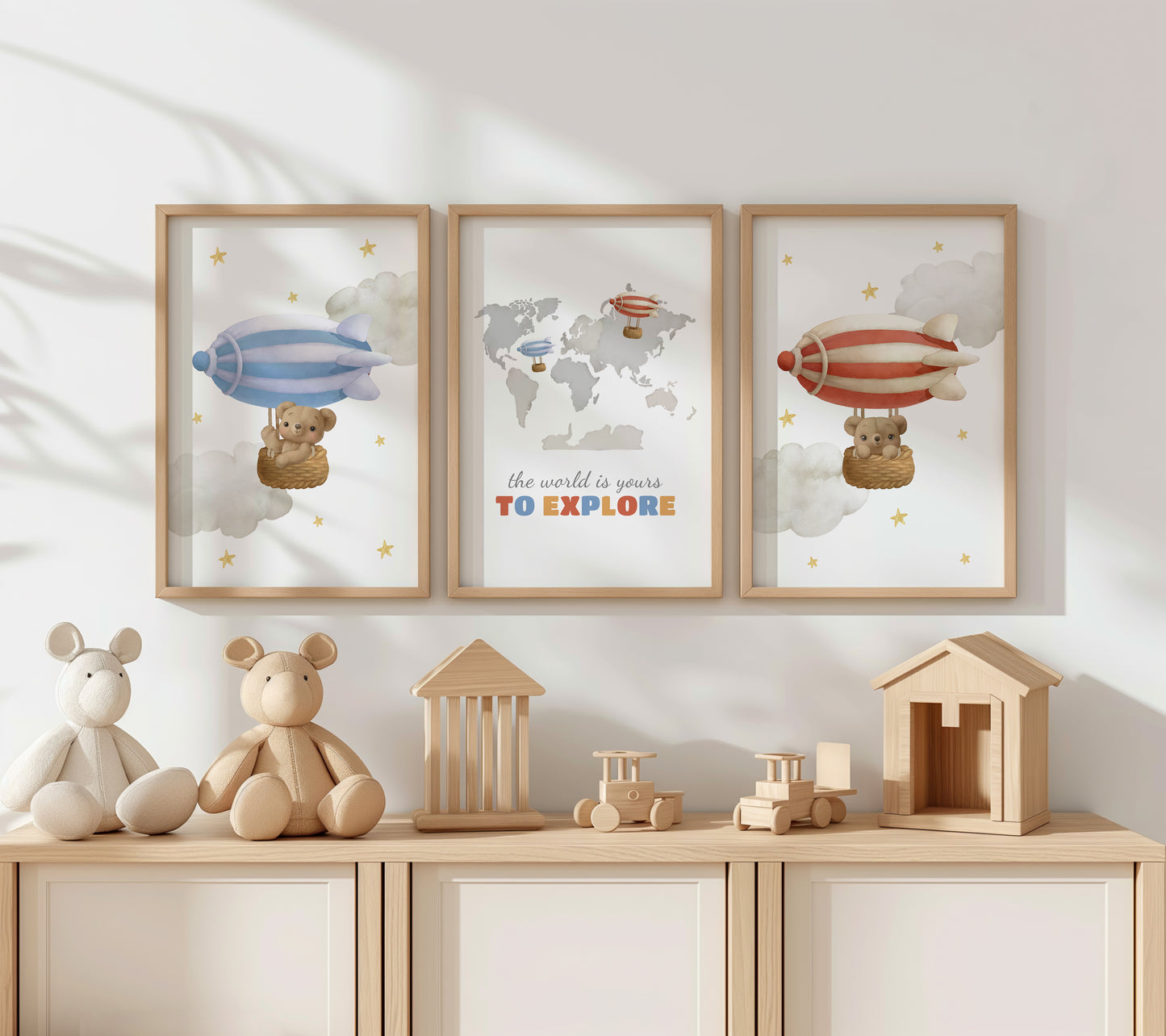 Adventure Awaits – Teddy Bear Airship Nursery Art, Set of 3, N130