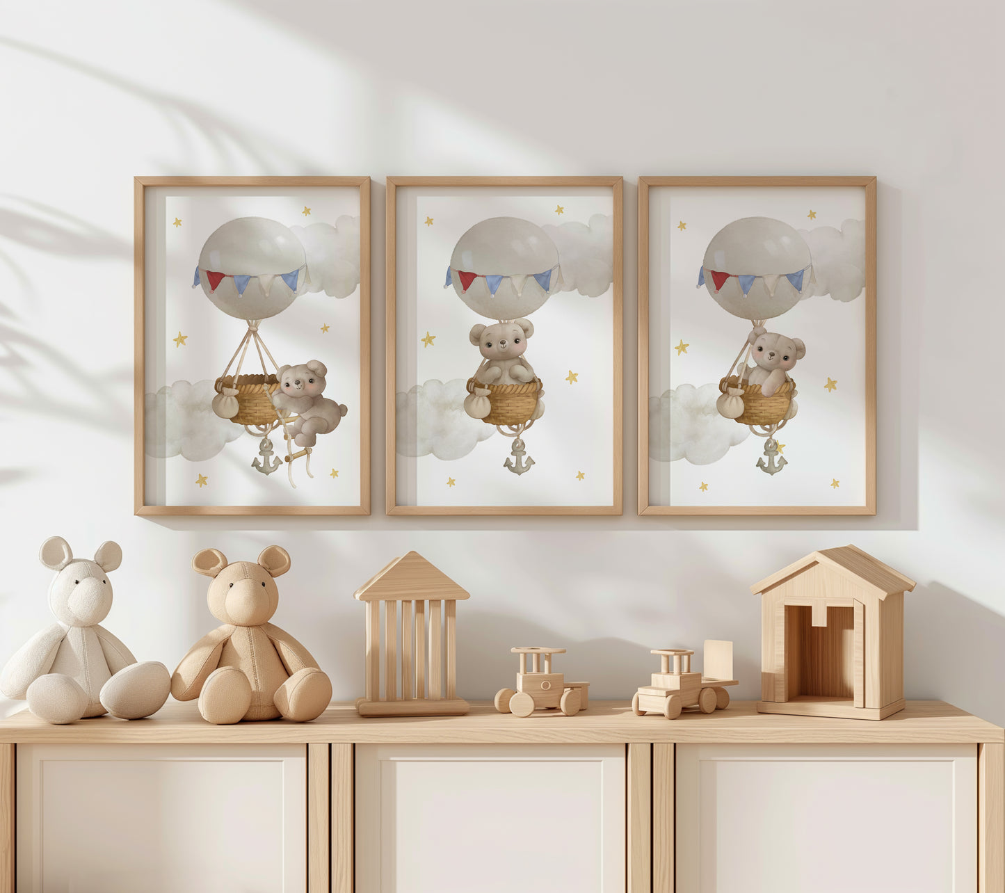 Skyward Adventure – Hot Air Balloon Bears Nursery Art, Set of 3, N131