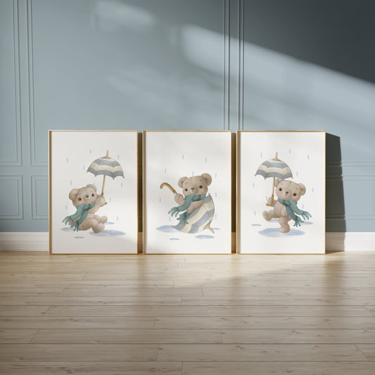 Dancing Bears in the Rain – Playful Nursery Wall Art Set, Set of 3, N132