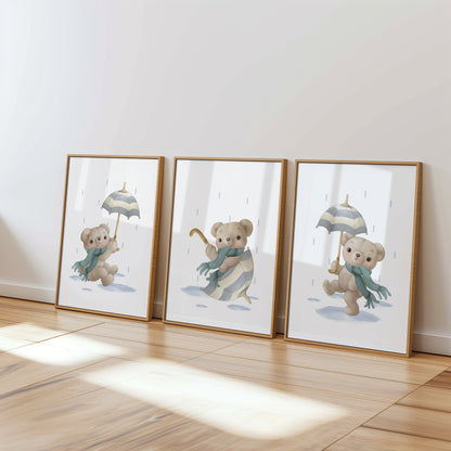 Dancing Bears in the Rain – Playful Nursery Wall Art Set, Set of 3, N132