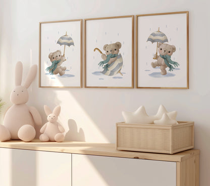 Dancing Bears in the Rain – Playful Nursery Wall Art Set, Set of 3, N132