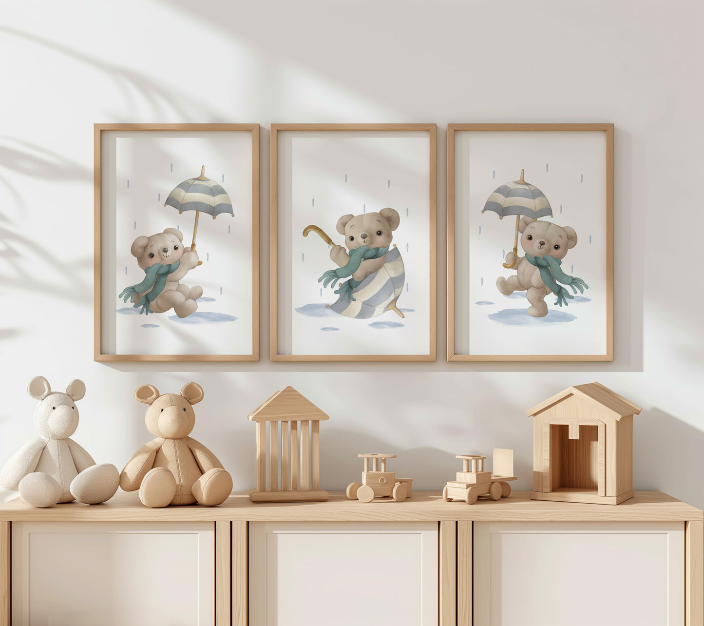 Dancing Bears in the Rain – Playful Nursery Wall Art Set, Set of 3, N132