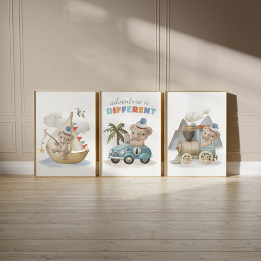 Teddy's Big Adventure: Car, Boat, Train – Wall Art for Kid, Set of 3, N133