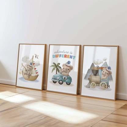 Teddy's Big Adventure: Car, Boat, Train – Wall Art for Kid, Set of 3, N133