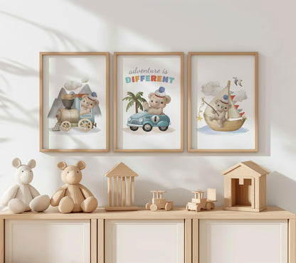 Teddy's Big Adventure: Car, Boat, Train – Wall Art for Kid, Set of 3, N133