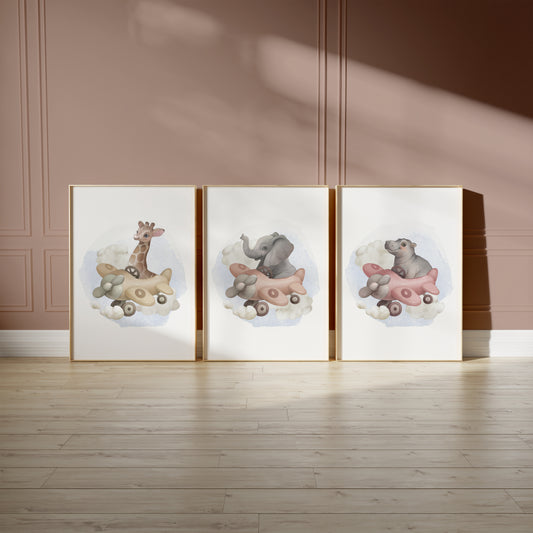 Dreamy Flights: Airplane Safari Animal Wall Art for Kids, Set of 3, N134