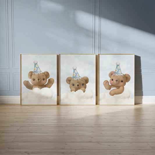 Party in the Clouds - Cute Teddy Wall Art for Baby Room, Set of 3, N136