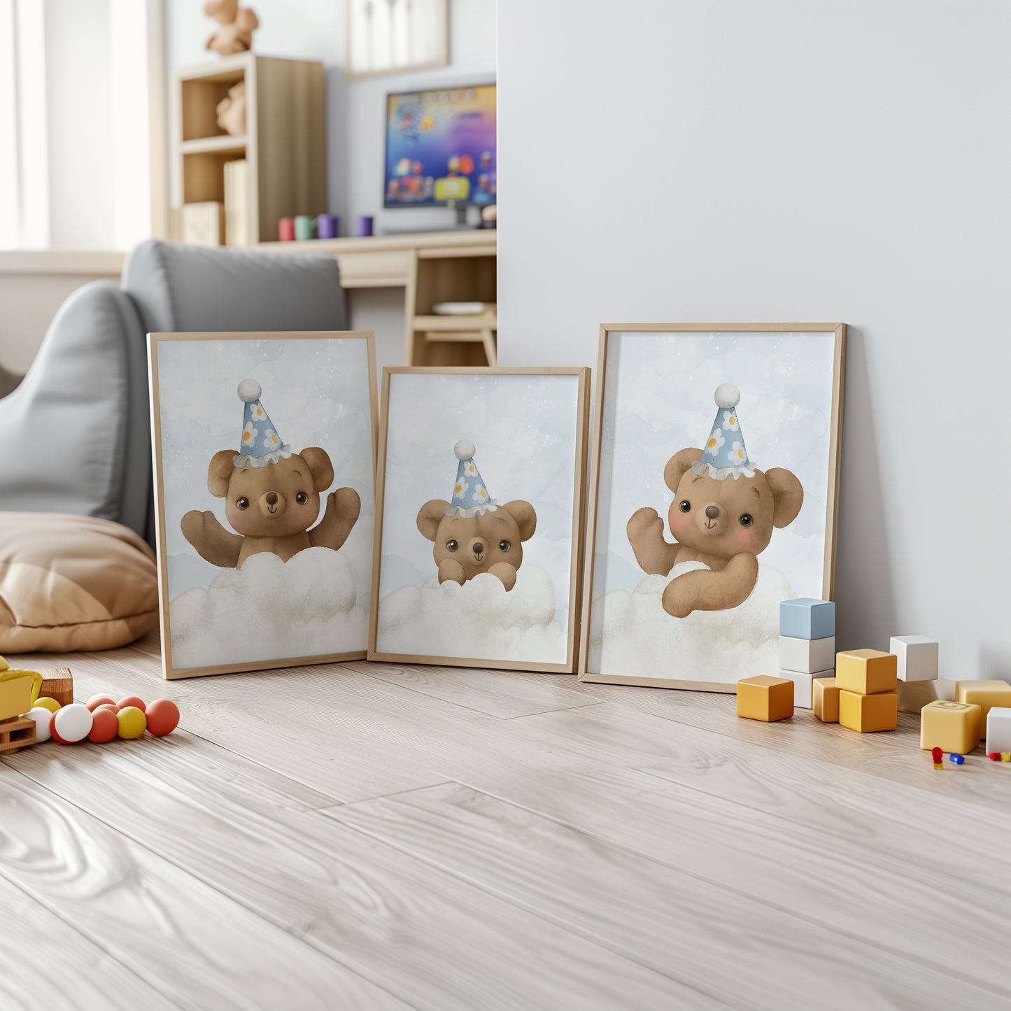 Party in the Clouds - Cute Teddy Wall Art for Baby Room, Set of 3, N136