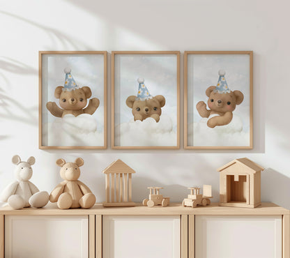 Party in the Clouds - Cute Teddy Wall Art for Baby Room, Set of 3, N136