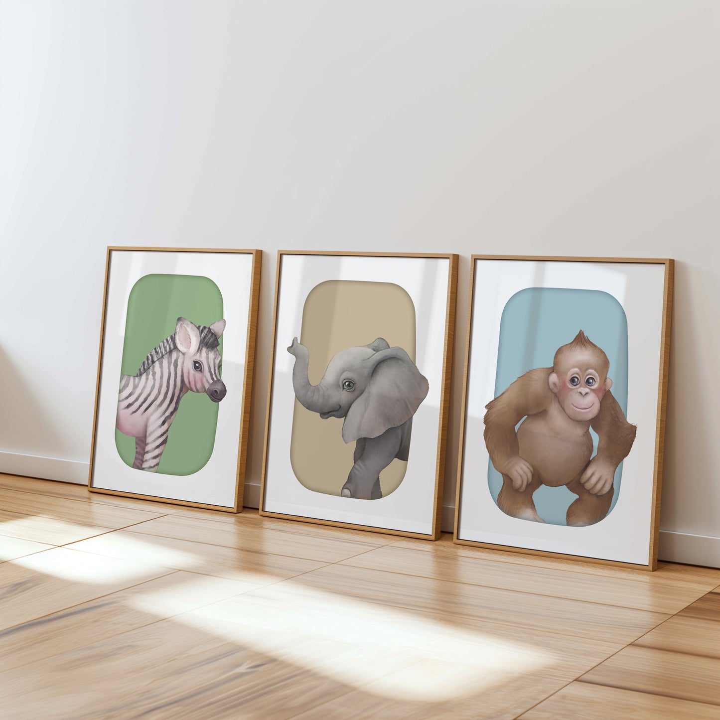 Jungle Buddies Portrait Series - Playful Lion, Orangutan, and Hippo, Set of 3, N142