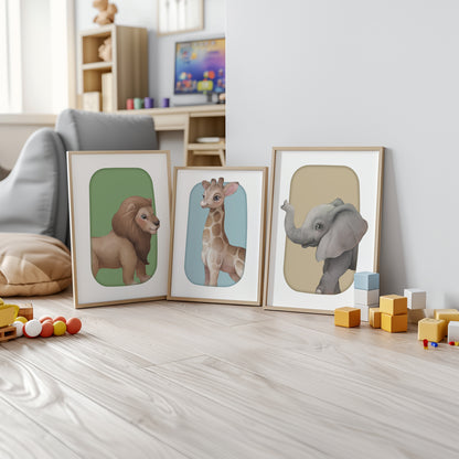 Jungle Buddies Portrait Series - Playful Lion, Orangutan, and Hippo, Set of 3, N142