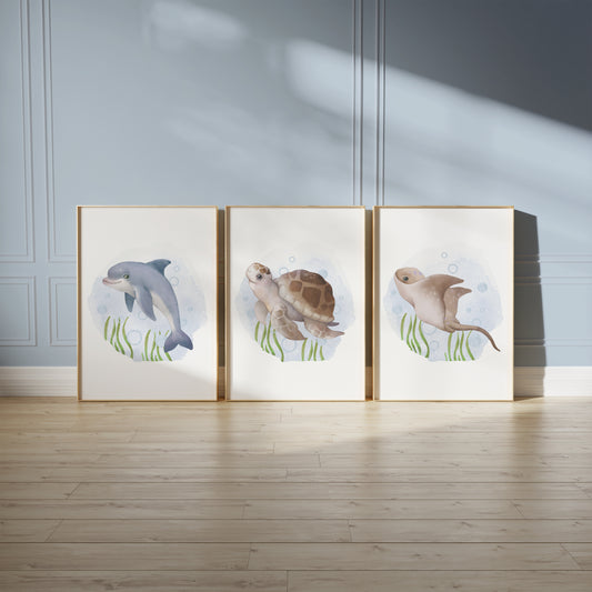 Sea Life Collection for Nursery – Playful Dolphin, Turtle, and Stingray Art Prints, Set of 3, N144