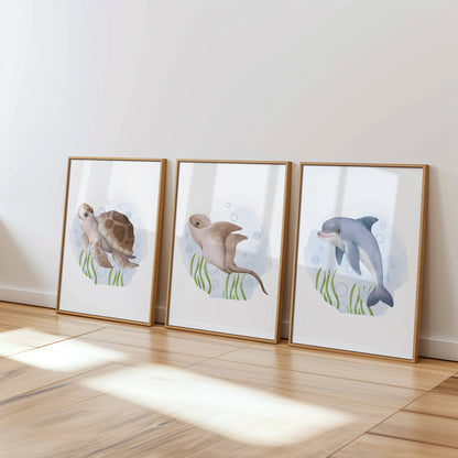 Sea Life Collection for Nursery – Playful Dolphin, Turtle, and Stingray Art Prints, Set of 3, N144