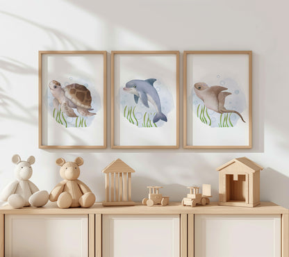 Sea Life Collection for Nursery – Playful Dolphin, Turtle, and Stingray Art Prints, Set of 3, N144