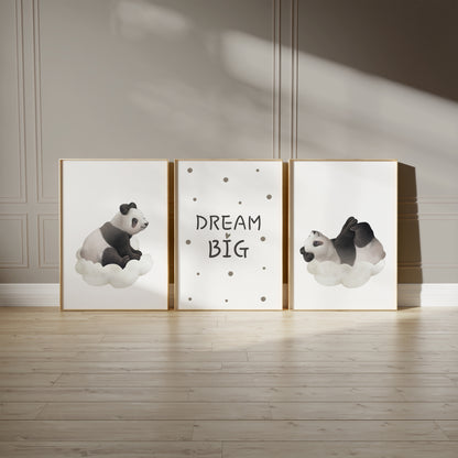 Panda Dreams: Cozy Cloud Wall Art Set, Set of 3, N145