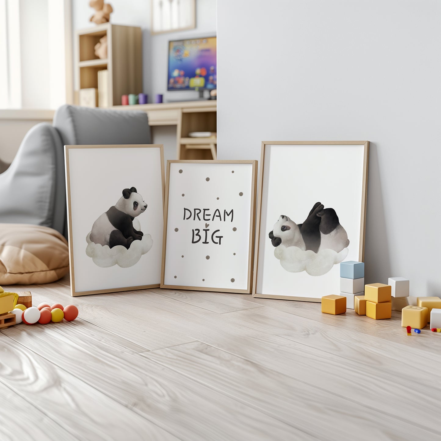 Panda Dreams: Cozy Cloud Wall Art Set, Set of 3, N145