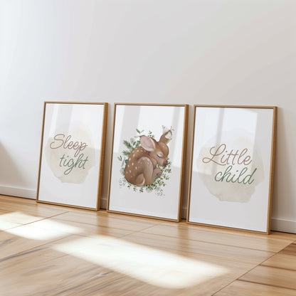 Sleep Tight, Little Child: Gentle Deer Nursery Art Set, Set of 3, N149