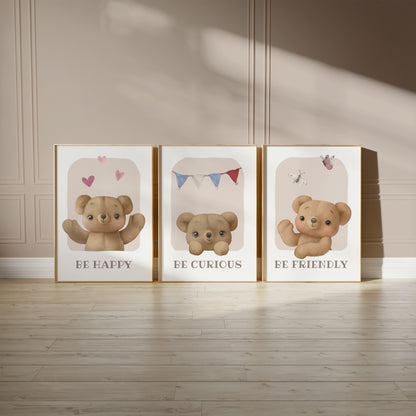 Little Bear Wisdom: Friendly, Curious, Happy Wall Art Set, Set of 3, N150