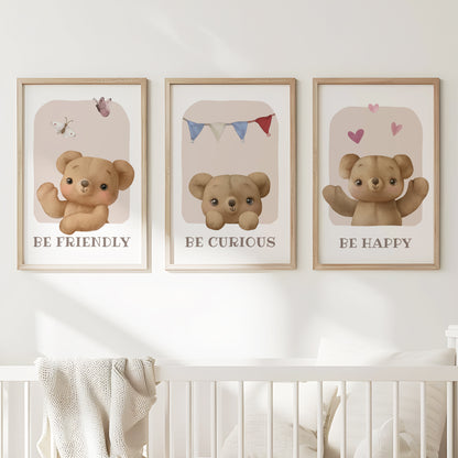 Little Bear Wisdom: Friendly, Curious, Happy Wall Art Set, Set of 3, N150