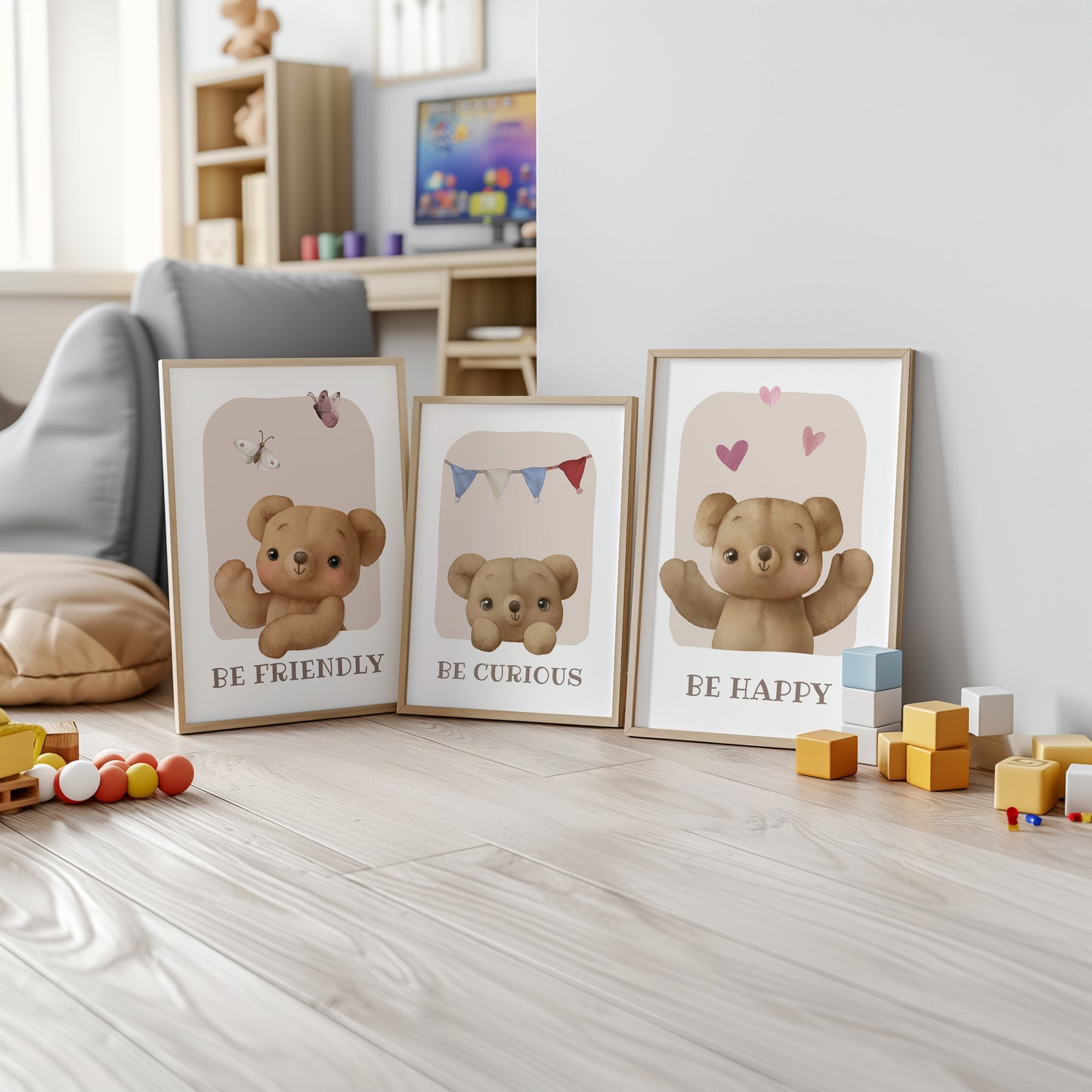 Little Bear Wisdom: Friendly, Curious, Happy Wall Art Set, Set of 3, N150